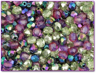 green, purple and iridescent faceted round Czech glass beads