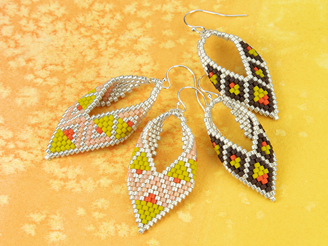 Earrings made with a variation of the Russian Leaf stitch, featuring TOHO Aiko cylinder seed beads. 